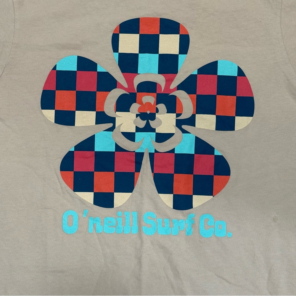 NWT O'Neill Surf Co Multicolor graphic Checkered Floral Tee men’s size S beige
